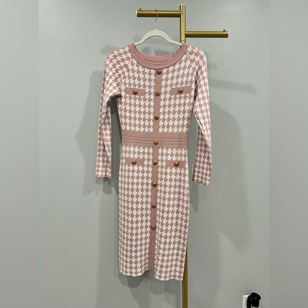 Pink and White Houndstooth Knit Midi Dress With Gold Buttons